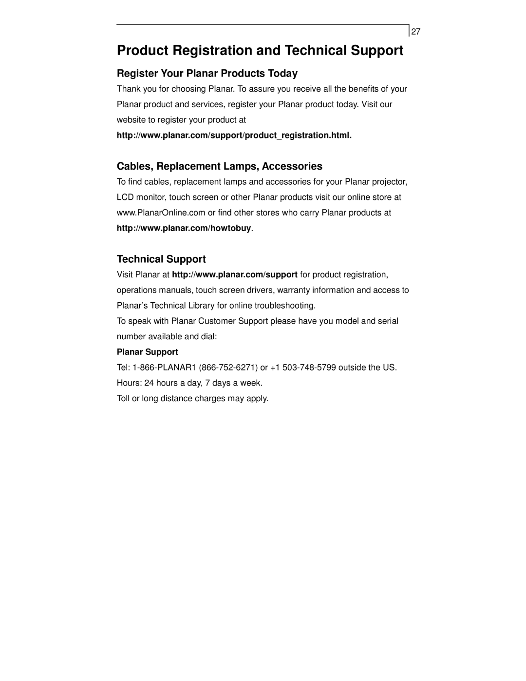 Planar PT1701MX manual Product Registration and Technical Support, Planar Support 