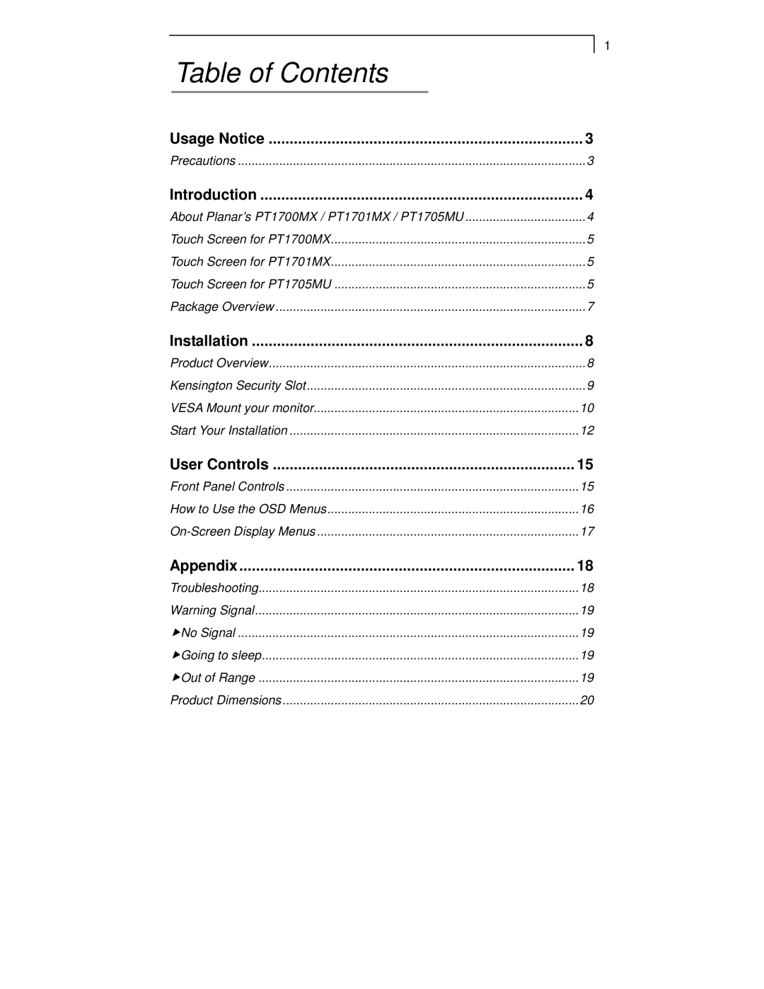 Planar PT1701MX manual Table of Contents 