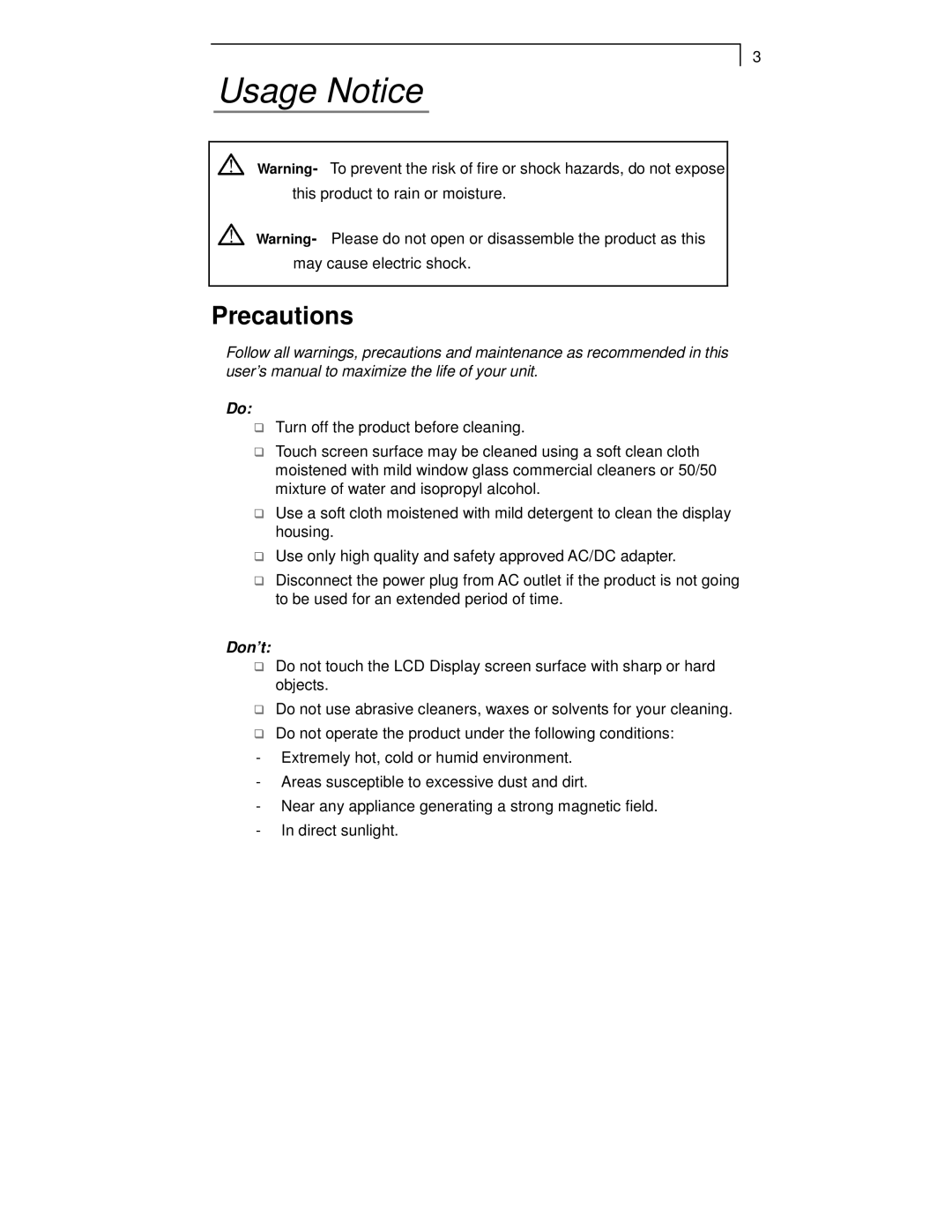 Planar PT1701MX manual Usage Notice, Precautions 