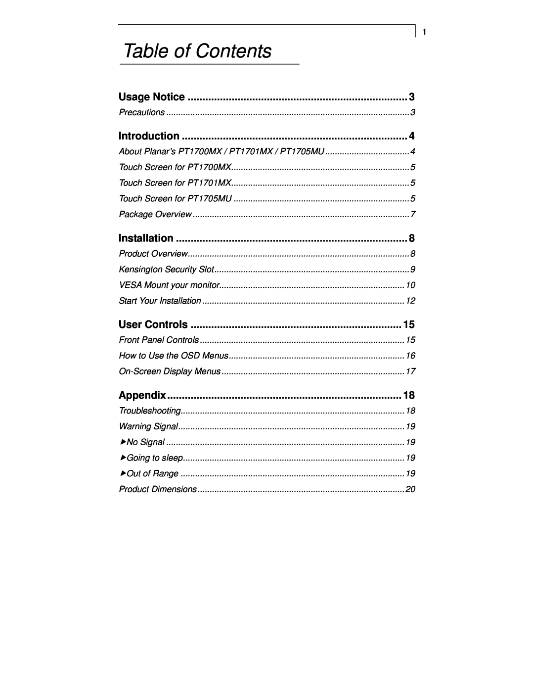 Planar PT1701MX manual Table of Contents, Usage Notice, Introduction, Installation, User Controls, Appendix 