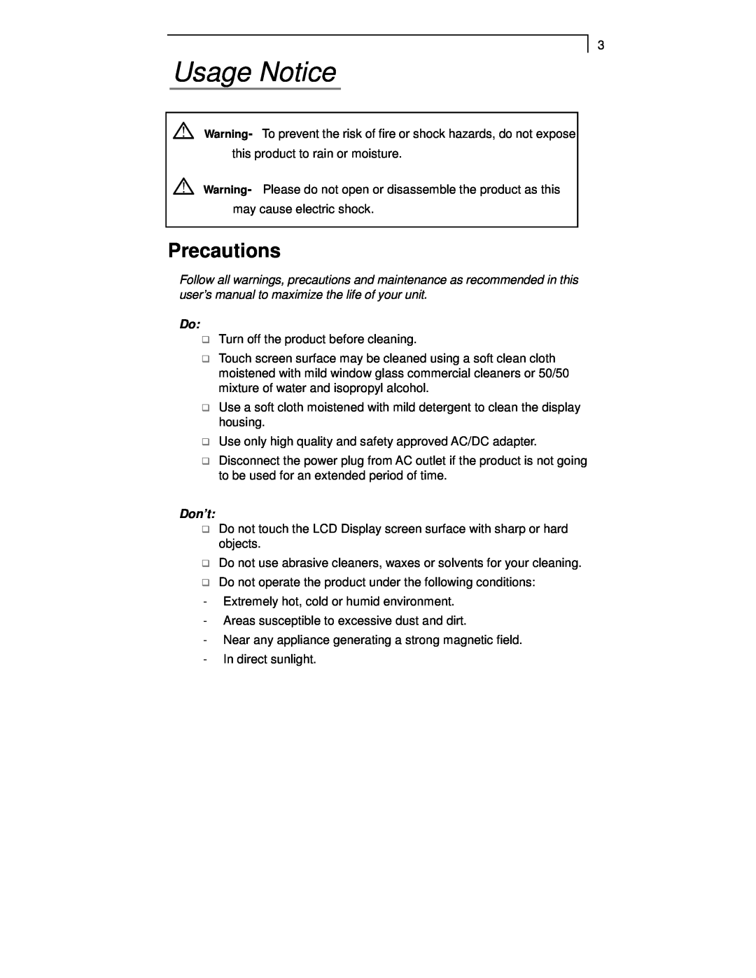 Planar PT1701MX manual Usage Notice, Precautions, Don’t 