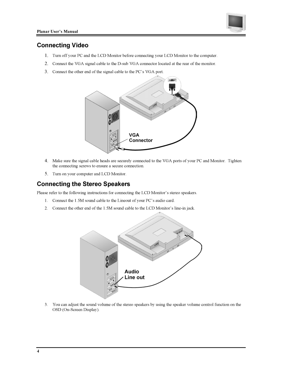 Planar PT1704Z manual Connecting Video, Connecting the Stereo Speakers 