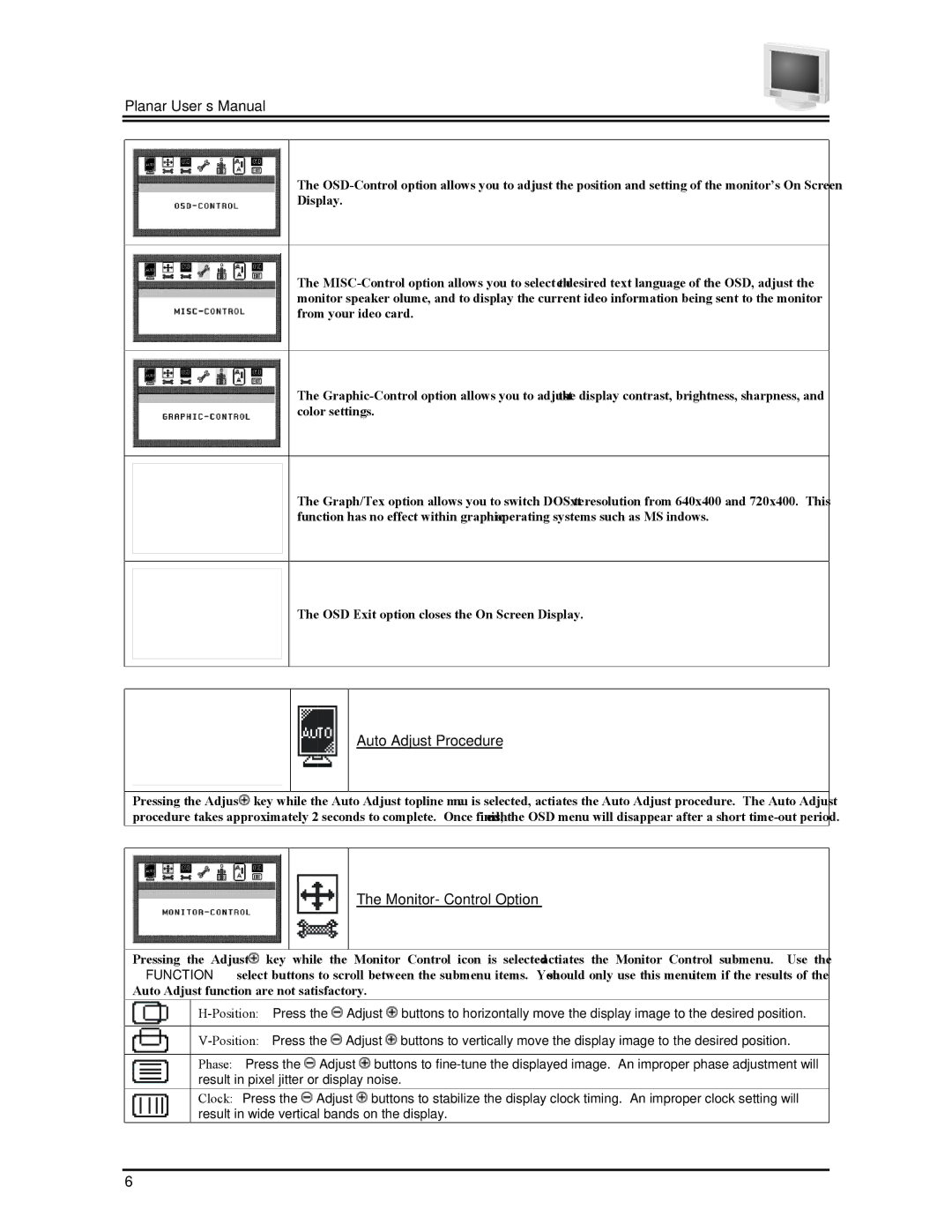 Planar PT1704Z manual Auto Adjust Procedure, Monitor- Control Option 