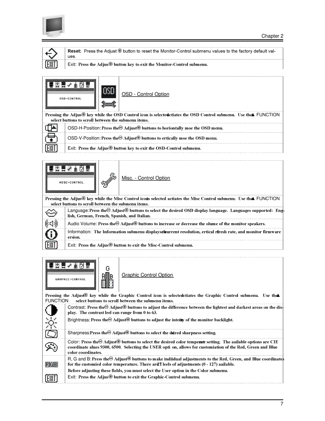 Planar PT1704Z manual Chapter, OSD Control Option, Misc. Control Option, Graphic Control Option 