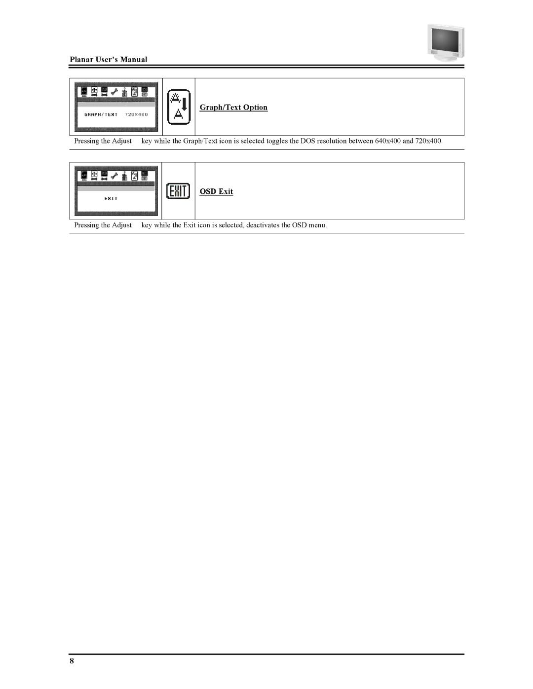 Planar PT1704Z manual Planar User’s Manual Graph/Text Option, OSD Exit 