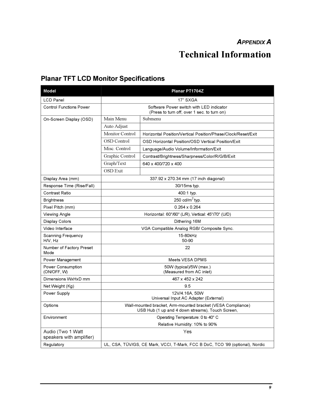 Planar PT1704Z manual Technical Information, Planar TFT LCD Monitor Specifications 