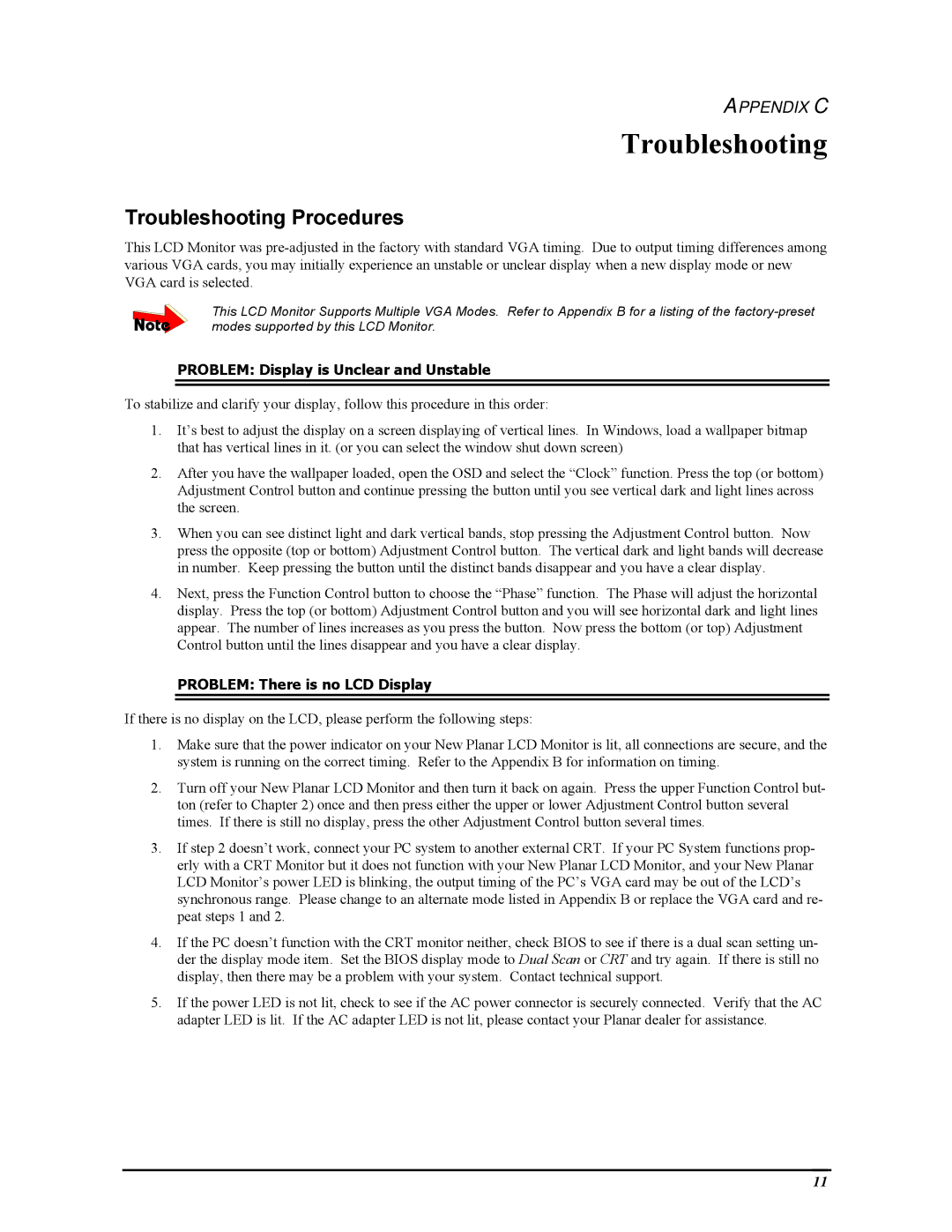 Planar PT1704Z manual Troubleshooting Procedures 