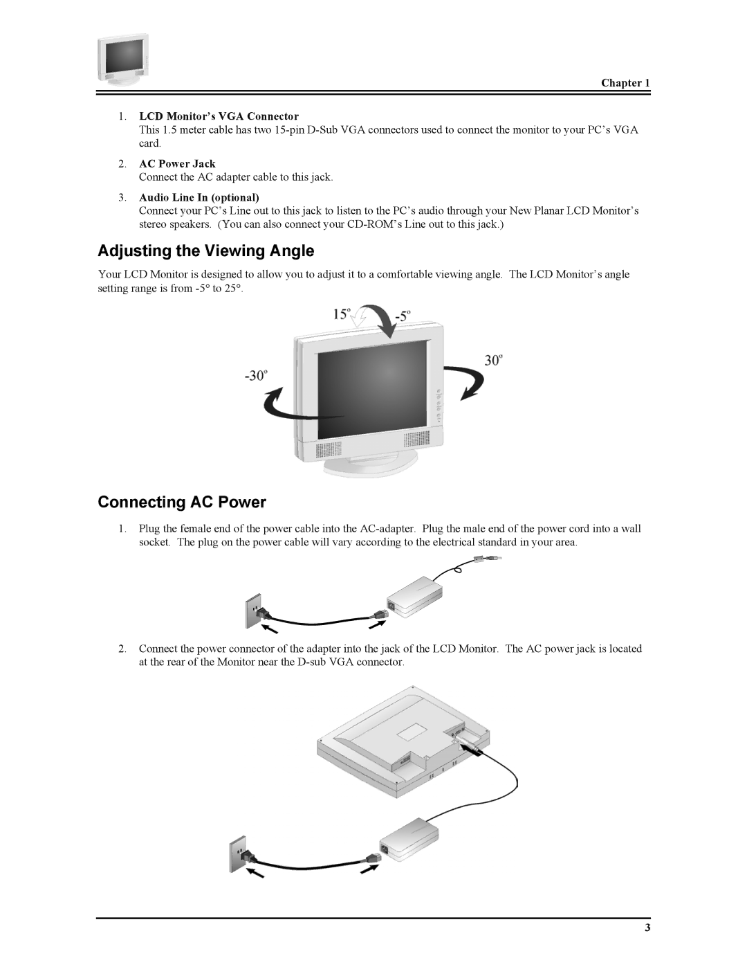 Planar PT1704Z manual Adjusting the Viewing Angle, Connecting AC Power, Chapter LCD Monitor’s VGA Connector, AC Power Jack 