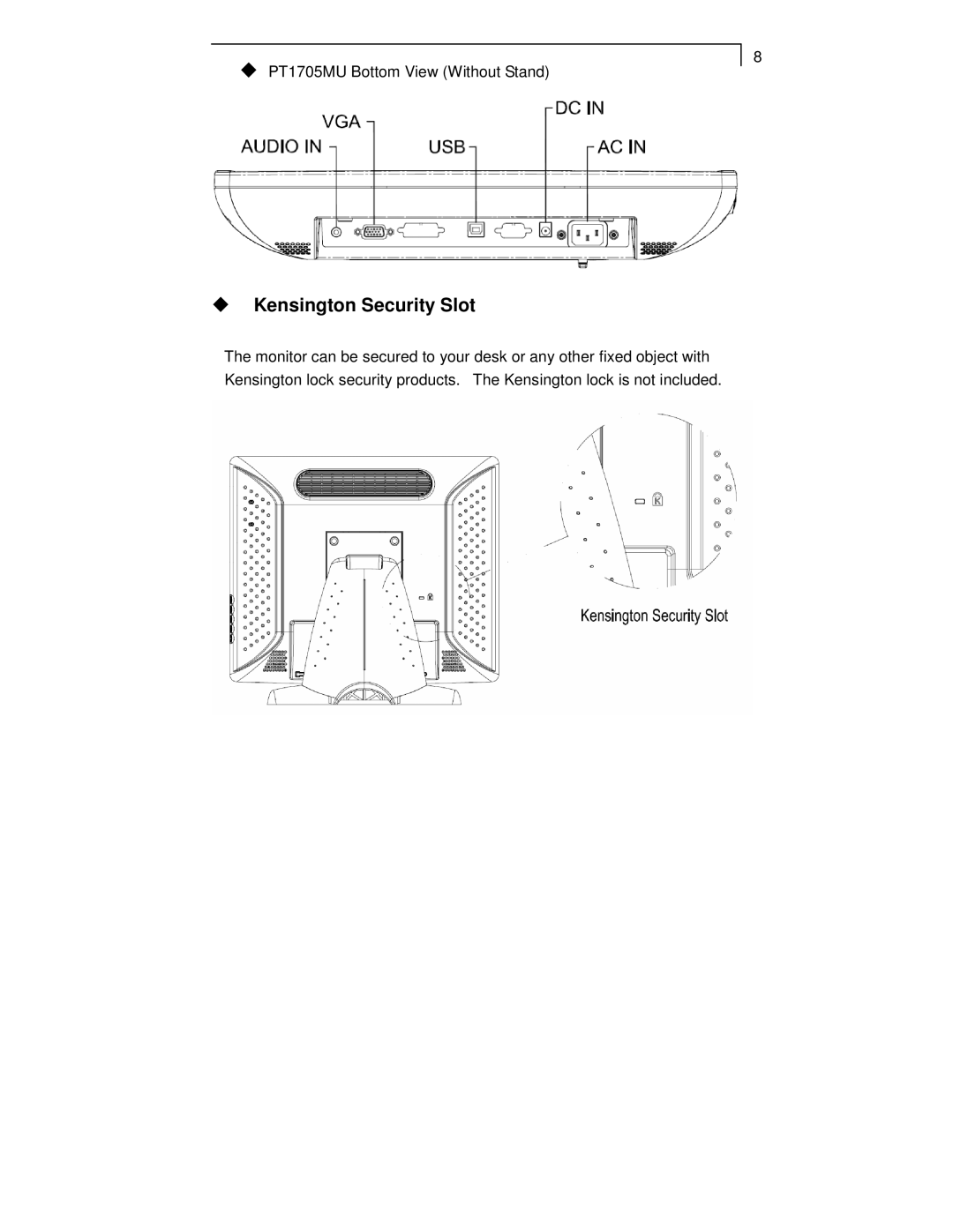 Planar PT1701MX, PT1705MU, PT1700MX manual Kensington Security Slot 