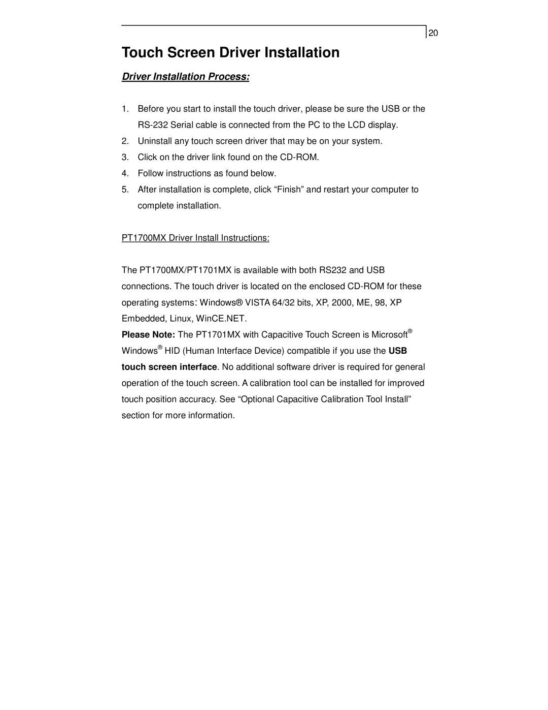 Planar PT1701MX, PT1705MU, PT1700MX manual Touch Screen Driver Installation, Driver Installation Process 