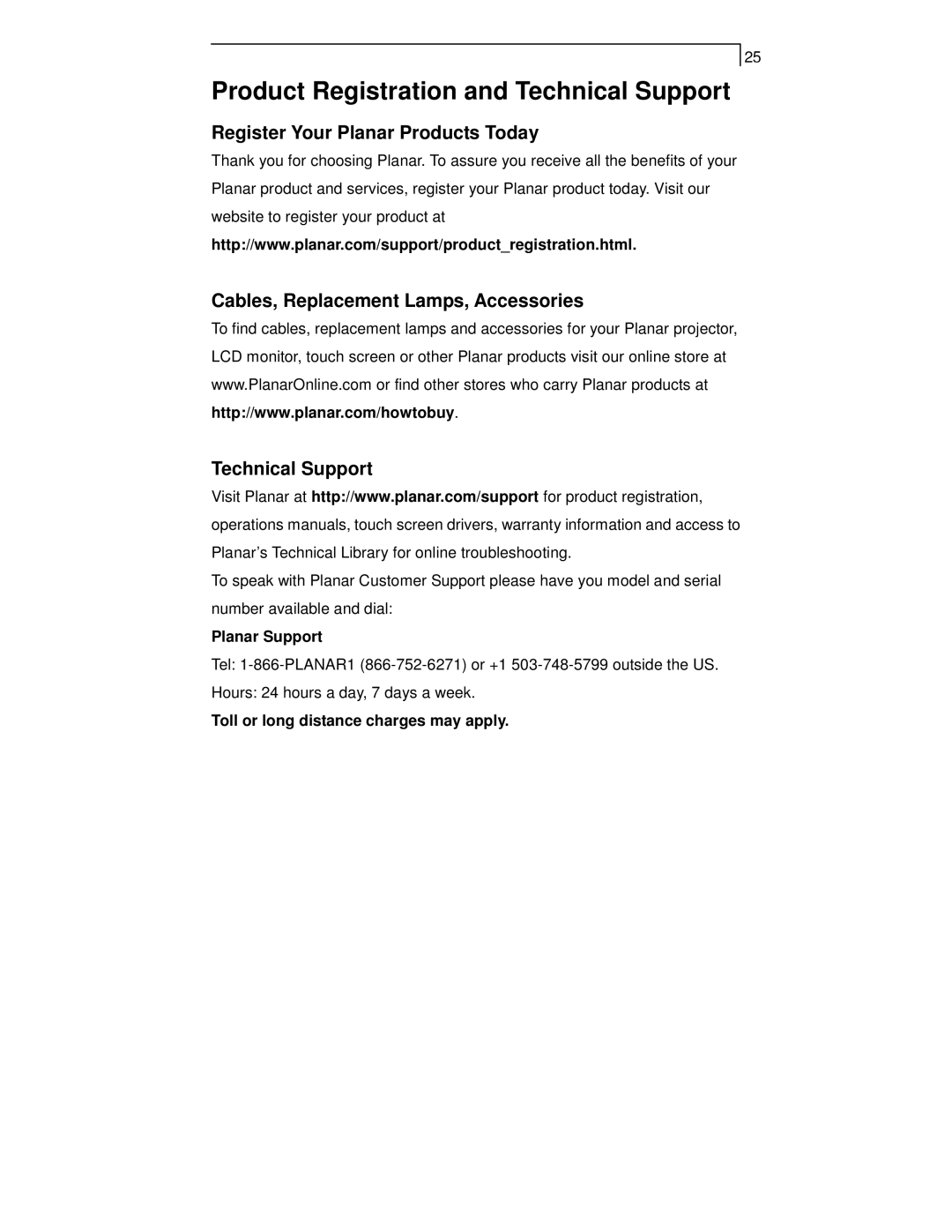 Planar PT1705MU, PT1701MX, PT1700MX manual Product Registration and Technical Support, Register Your Planar Products Today 