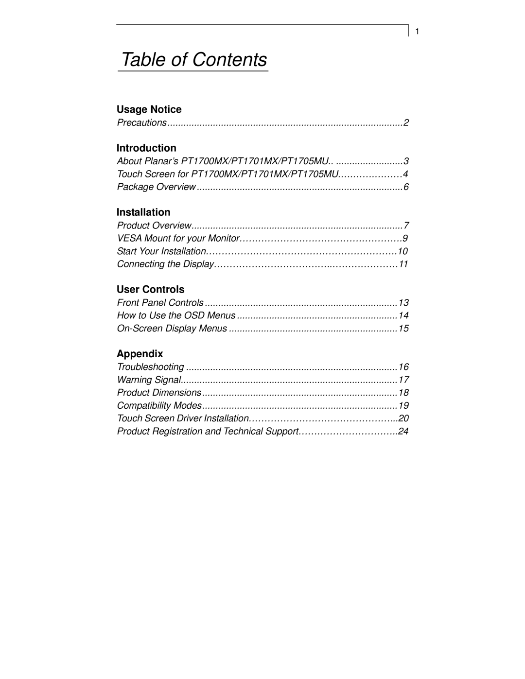 Planar PT1705MU, PT1701MX, PT1700MX manual Table of Contents 