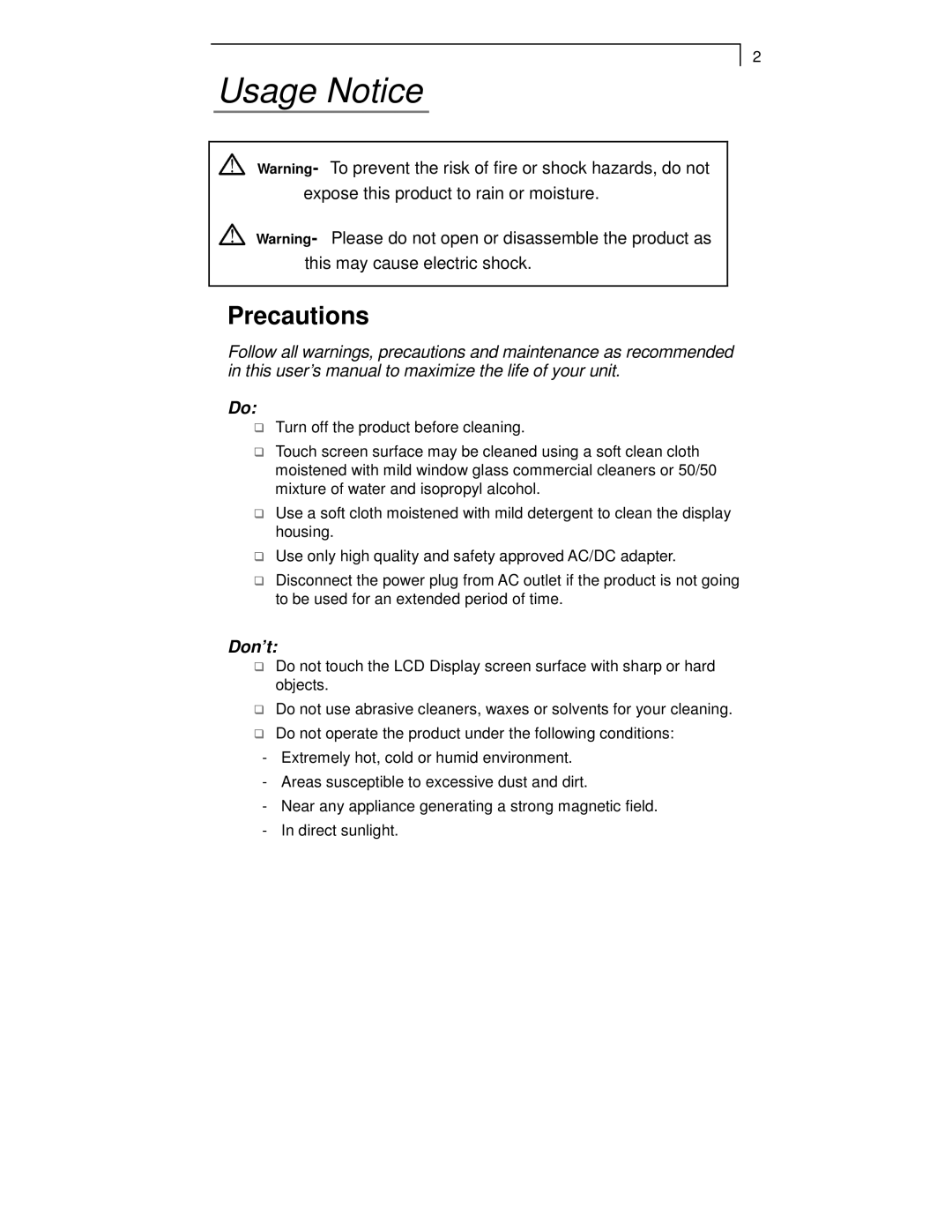 Planar PT1701MX, PT1705MU, PT1700MX manual Usage Notice, Precautions 