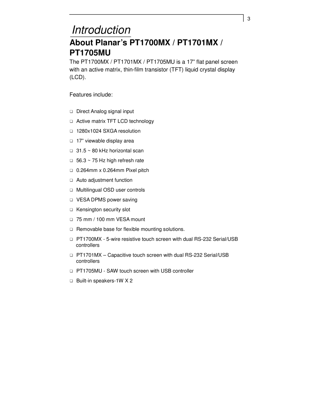 Planar manual Introduction, About Planar’s PT1700MX / PT1701MX / PT1705MU 