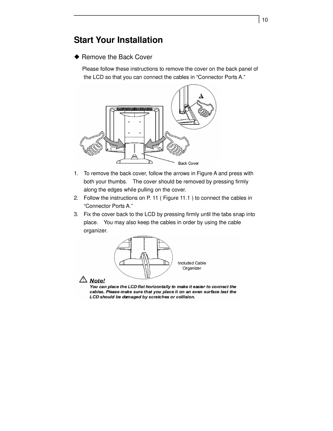 Planar PT1710MX manual Start Your Installation, ¡ Remove the Back Cover 