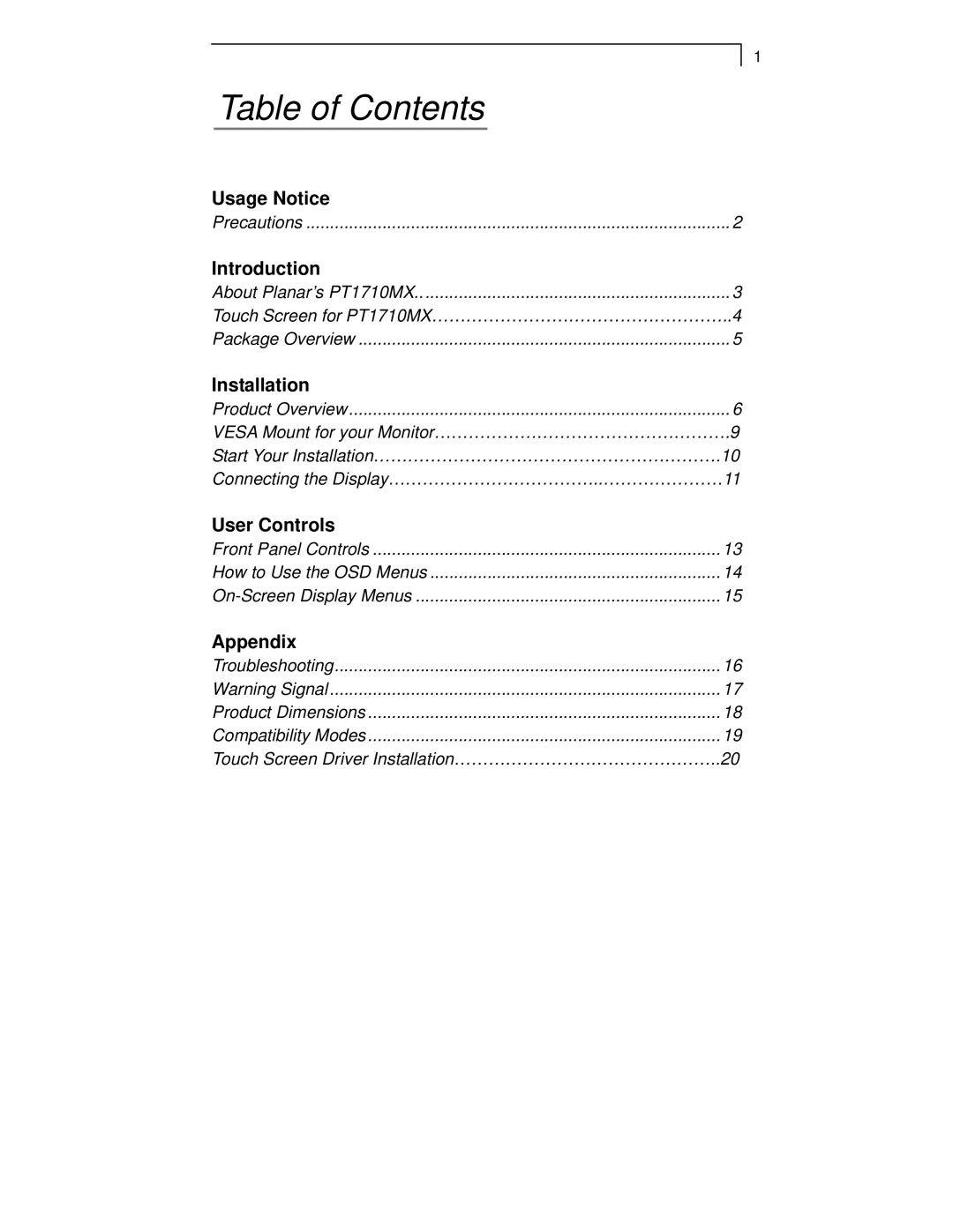 Planar PT1710MX manual Table of Contents 