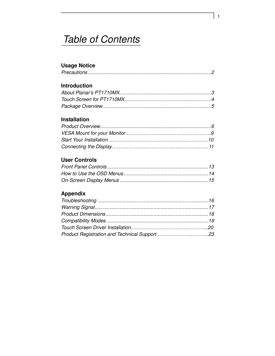 Planar PT1710MX manual Table of Contents 