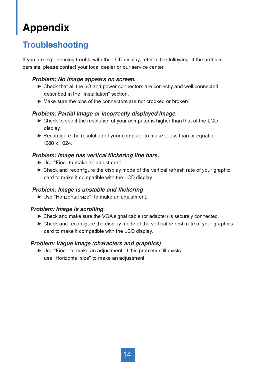 Planar PT1745S, PT1745RPF manual Appendix, Troubleshooting 