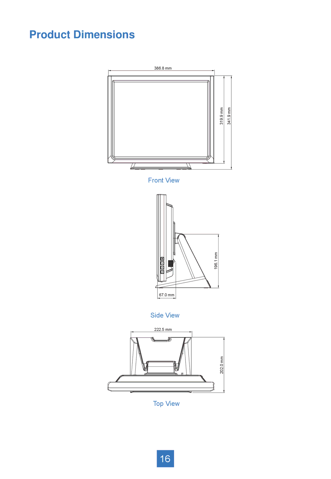 Planar PT1745RPF, PT1745S manual Product Dimensions 