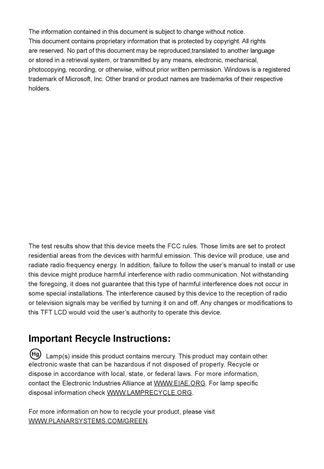 Planar PT1745S, PT1745RPF manual Important Recycle Instructions 