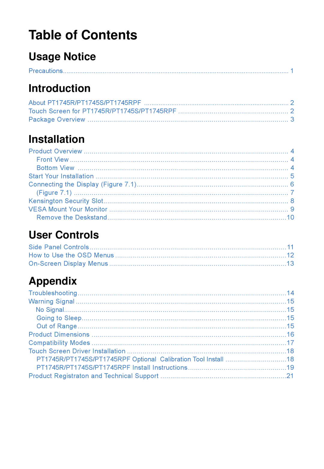 Planar PT1745RPF, PT1745S manual Table of Contents 