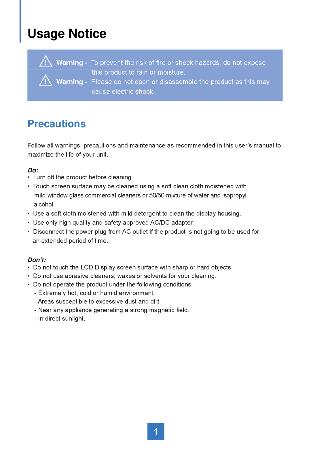 Planar PT1745RPF, PT1745S manual Usage Notice, Precautions 