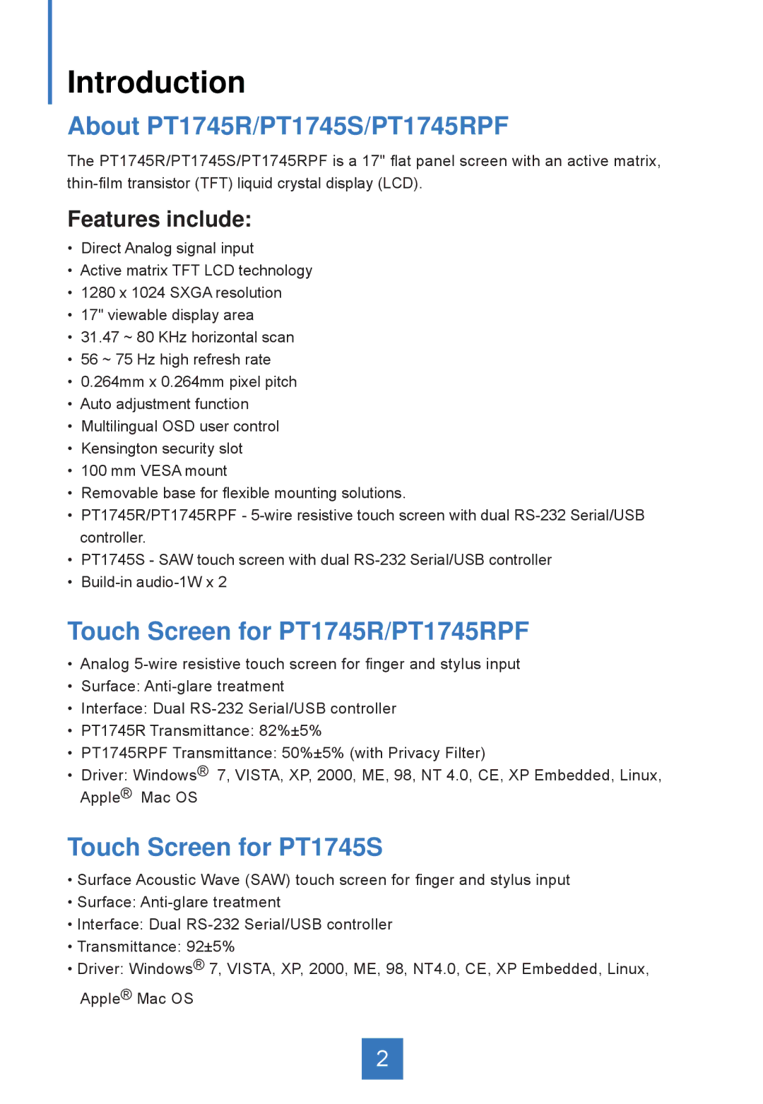 Planar Introduction, About PT1745R/PT1745S/PT1745RPF, Touch Screen for PT1745R/PT1745RPF, Touch Screen for PT1745S 