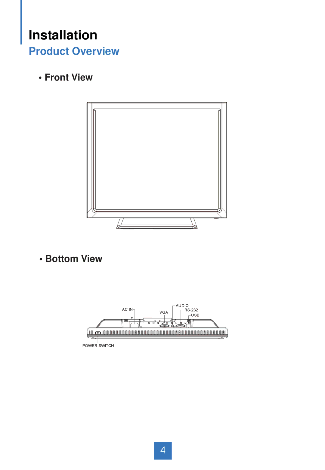 Planar PT1745RPF, PT1745S manual Installation, Product Overview, Front View Bottom View 