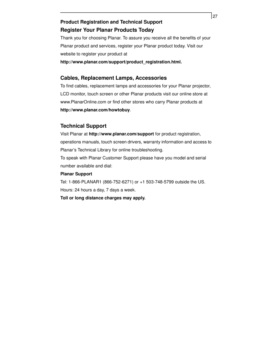 Planar PT1911MX manual Planar Support, Toll or long distance charges may apply 