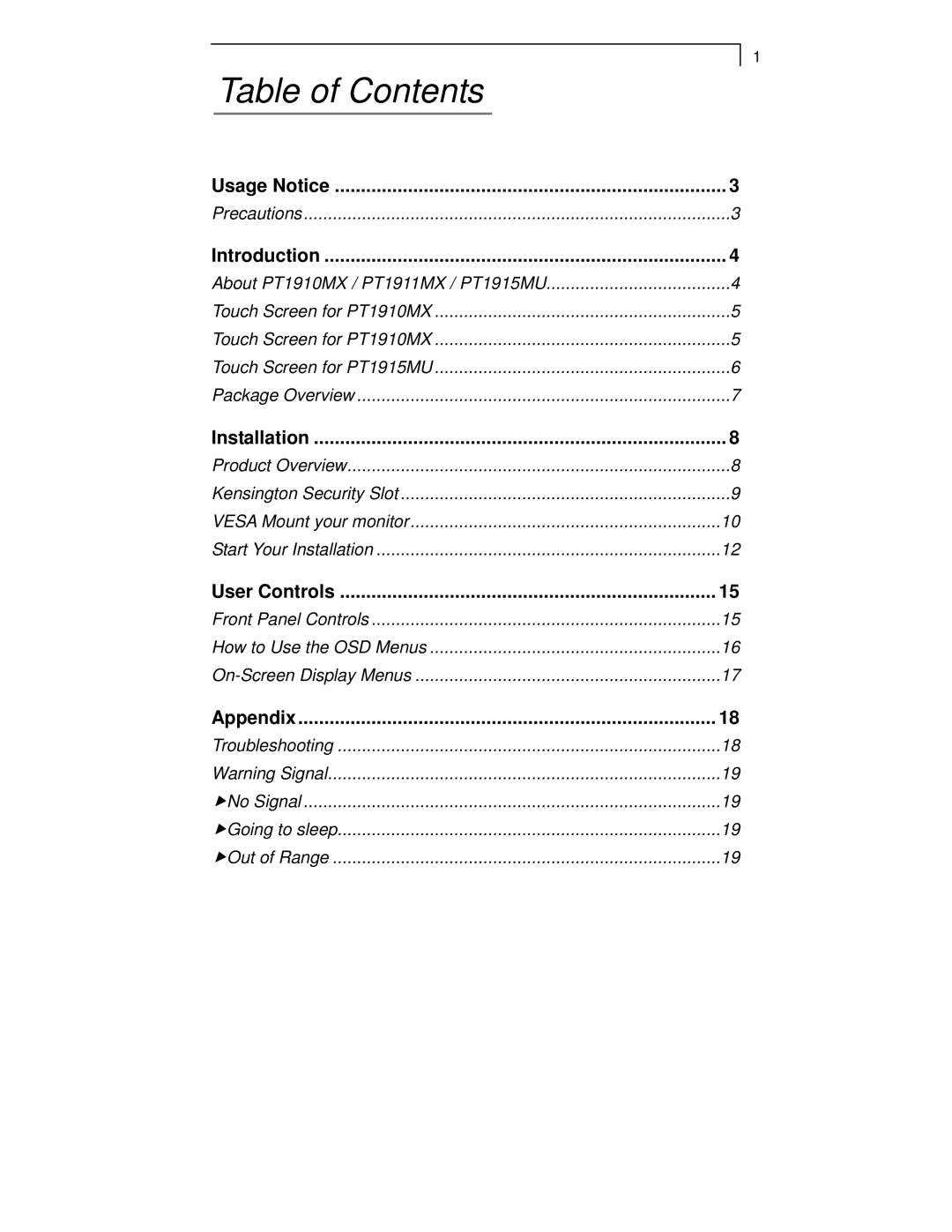 Planar PT1911MX manual Table of Contents 