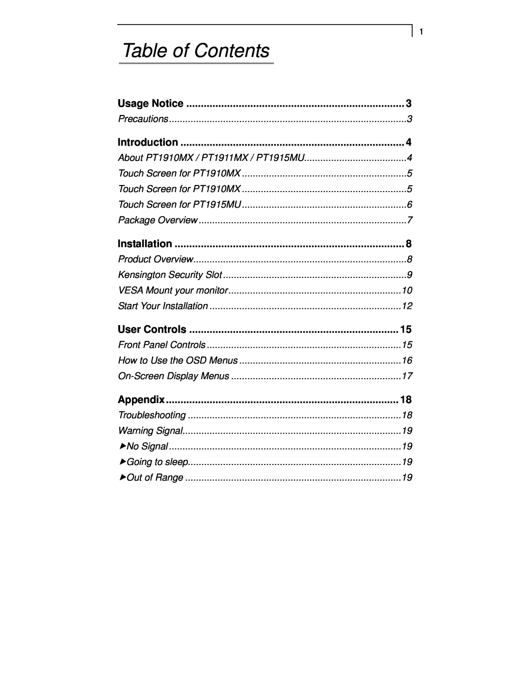 Planar PT1911MX manual Table of Contents, Usage Notice, Introduction, Installation, User Controls, Appendix 