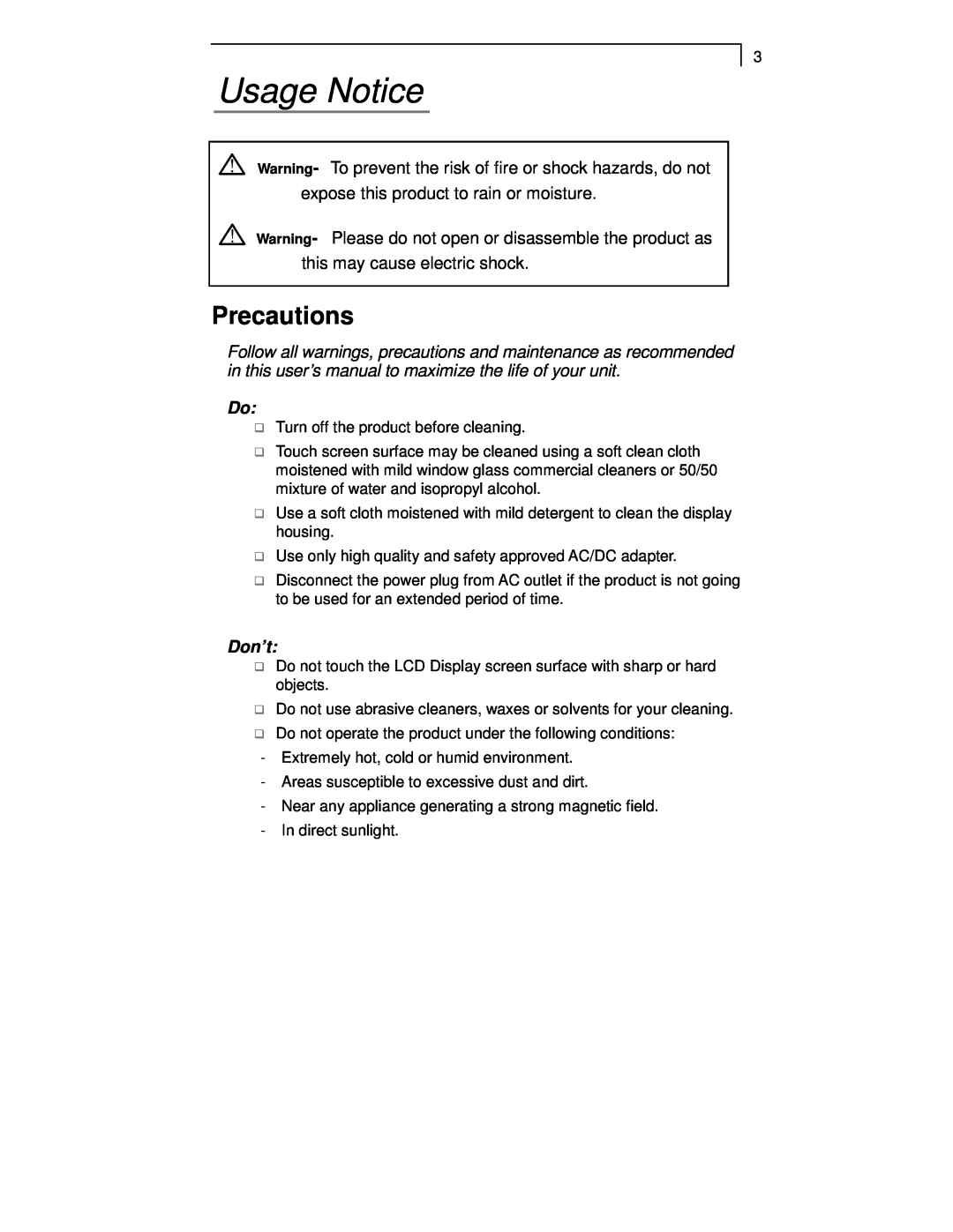 Planar PT1911MX manual Usage Notice, Precautions, Warning- To prevent the risk of fire or shock hazards, do not, Don’t 