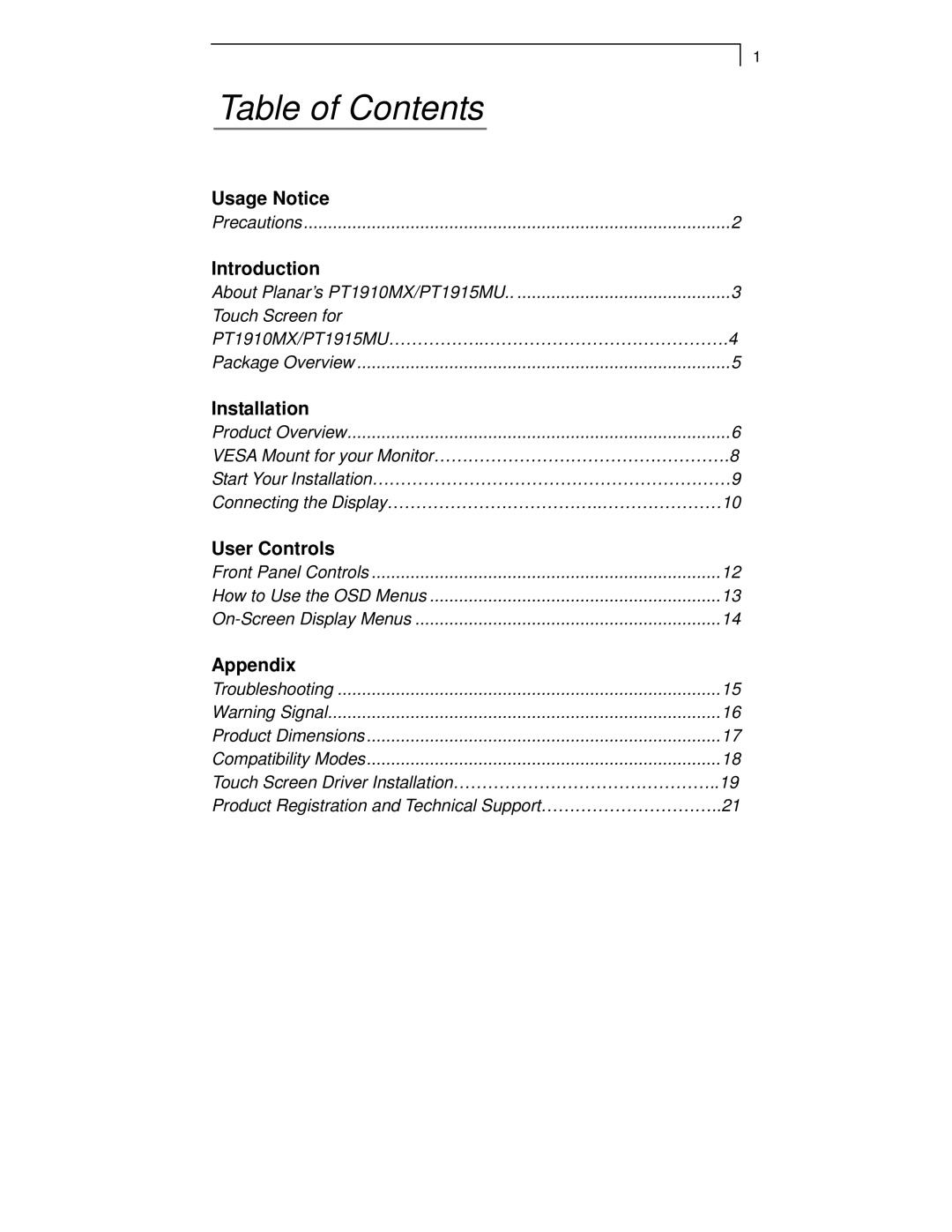 Planar PT1910MX, PT1915MU manual Table of Contents 