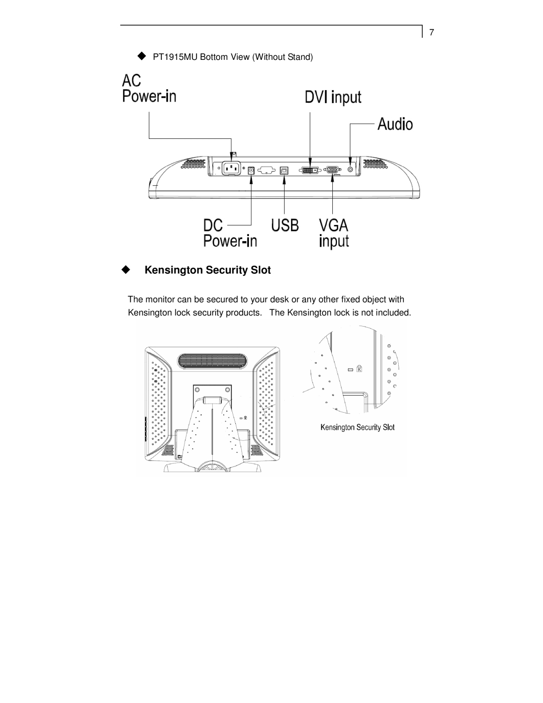 Planar PT1910MX, PT1915MU manual Kensington Security Slot 