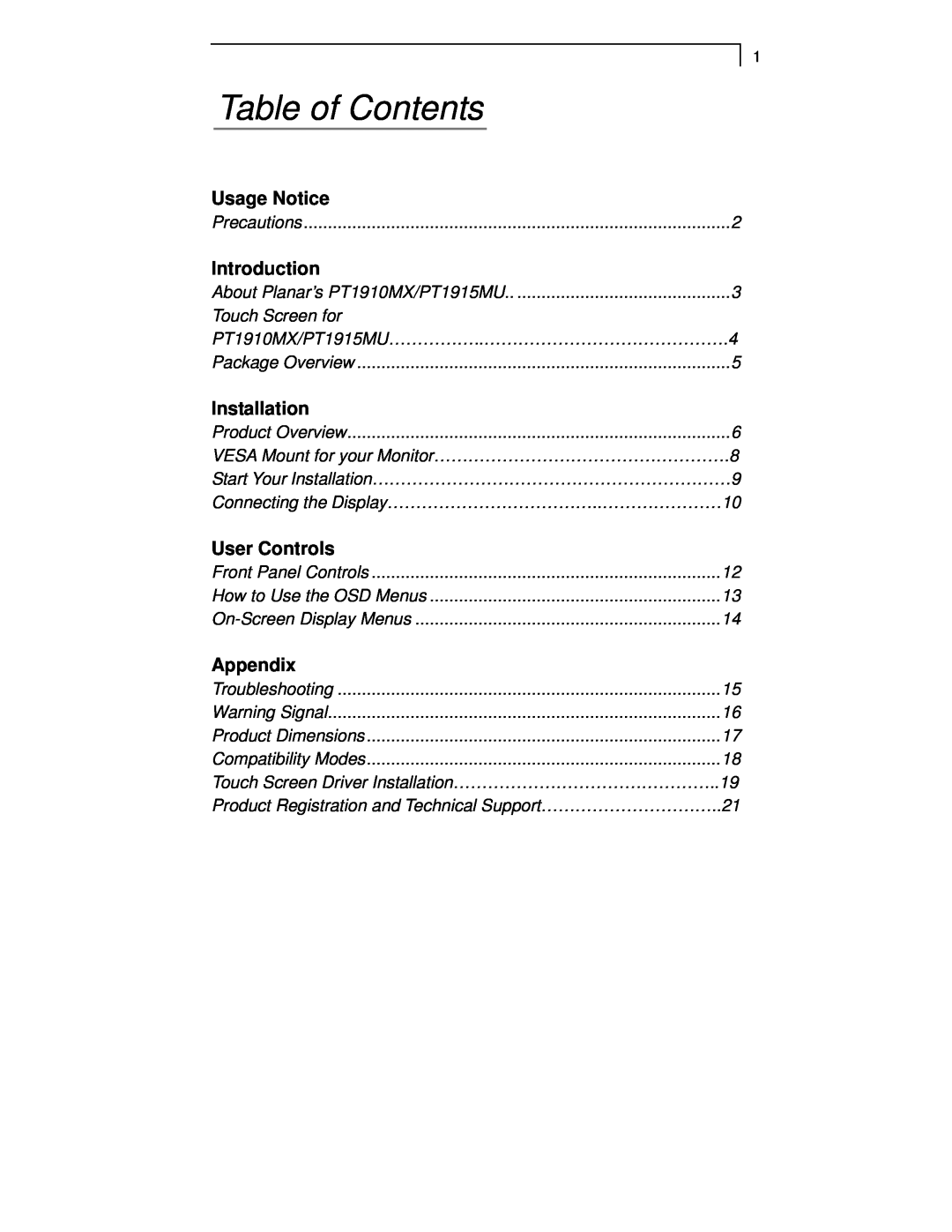 Planar PT1910MX, PT1915MU manual Table of Contents, Usage Notice, Introduction, Installation, User Controls, Appendix 