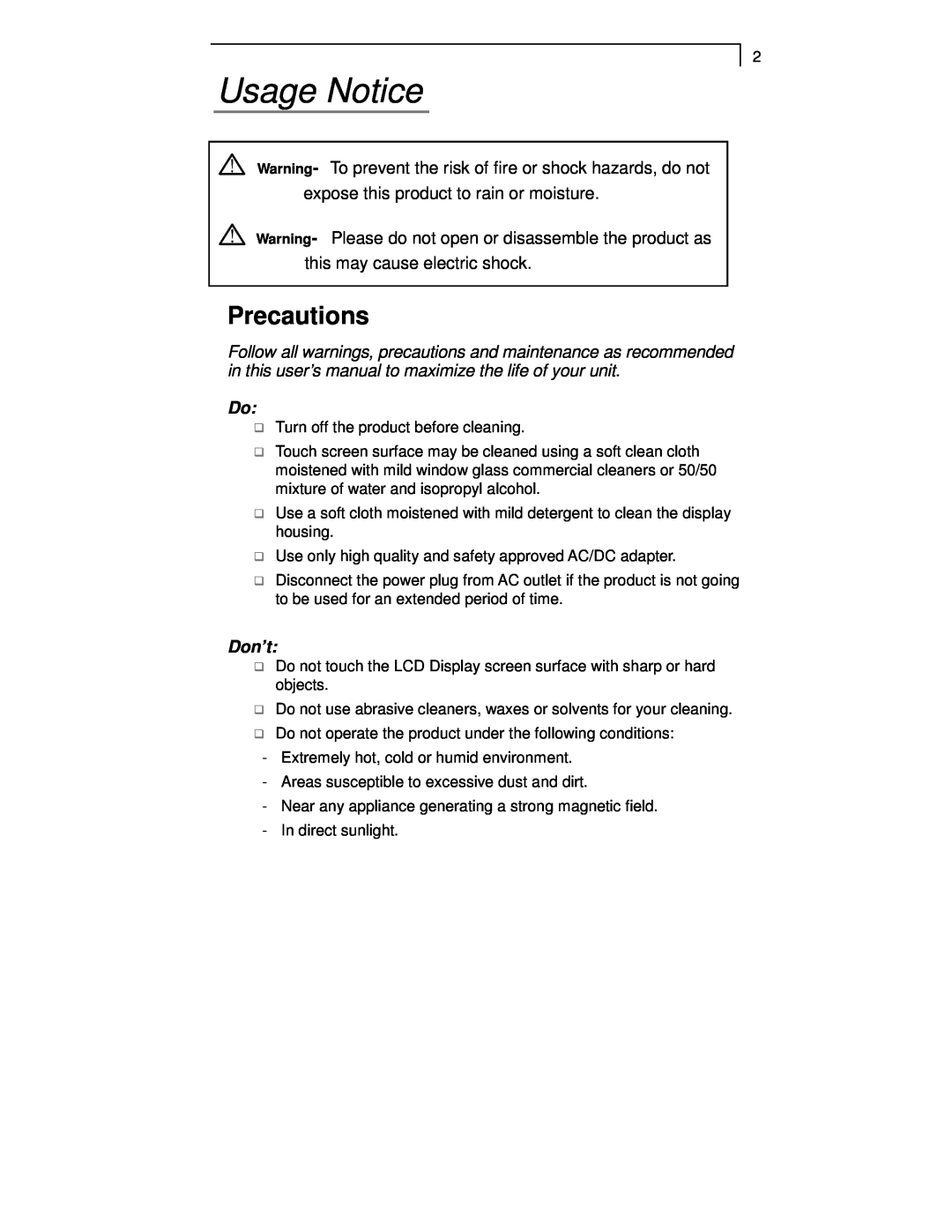 Planar PT1915MU, PT1910MX Usage Notice, Precautions, Warning- To prevent the risk of fire or shock hazards, do not, Don’t 