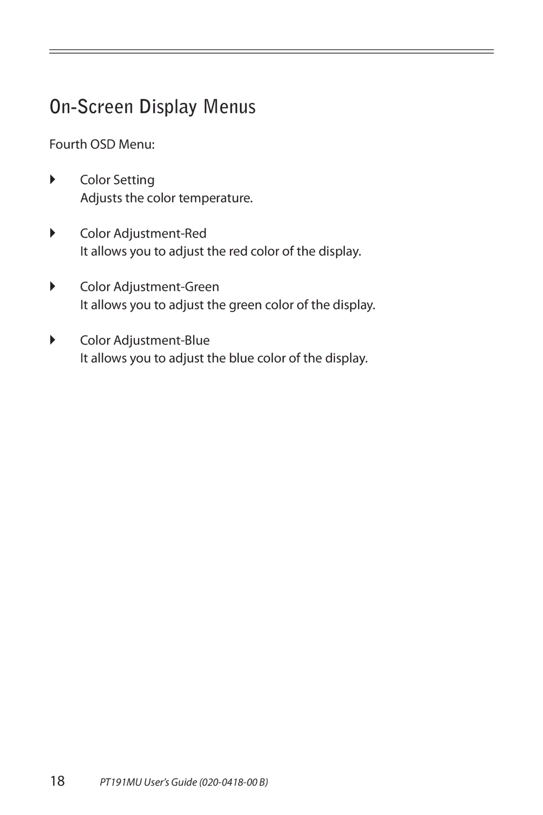 Planar manual 18 PT191MU User’s Guide 020-0418-00 B 