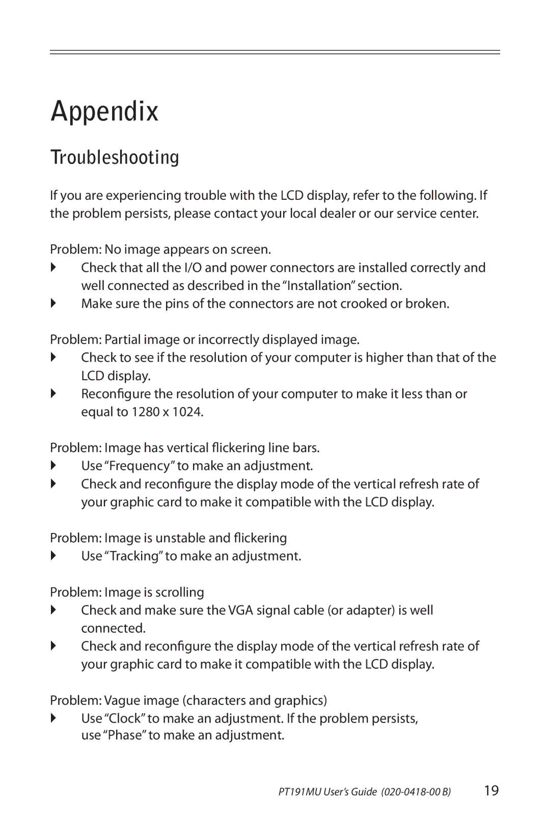 Planar PT191MU manual Appendix, Troubleshooting 