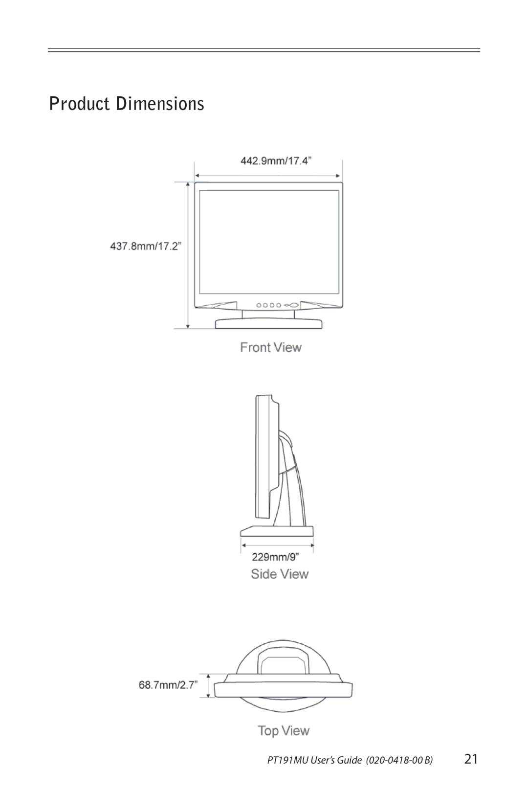 Planar PT191MU manual Product Dimensions 