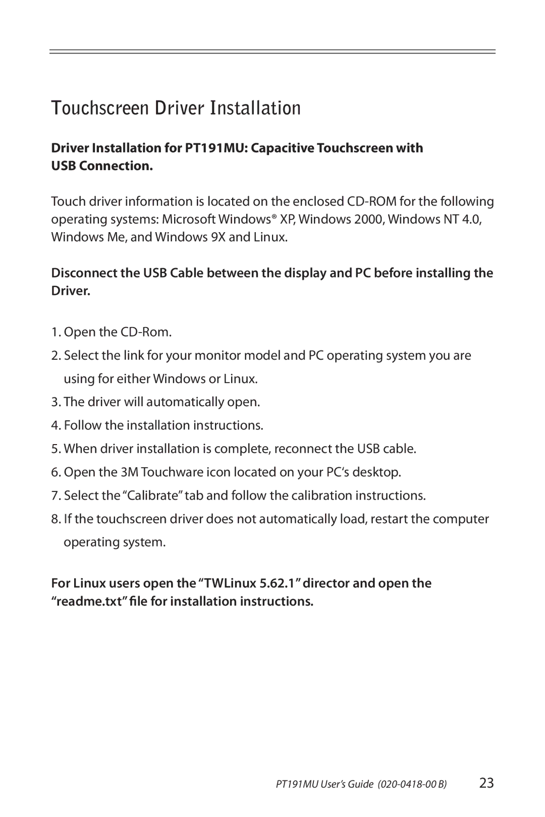 Planar PT191MU manual Touchscreen Driver Installation 