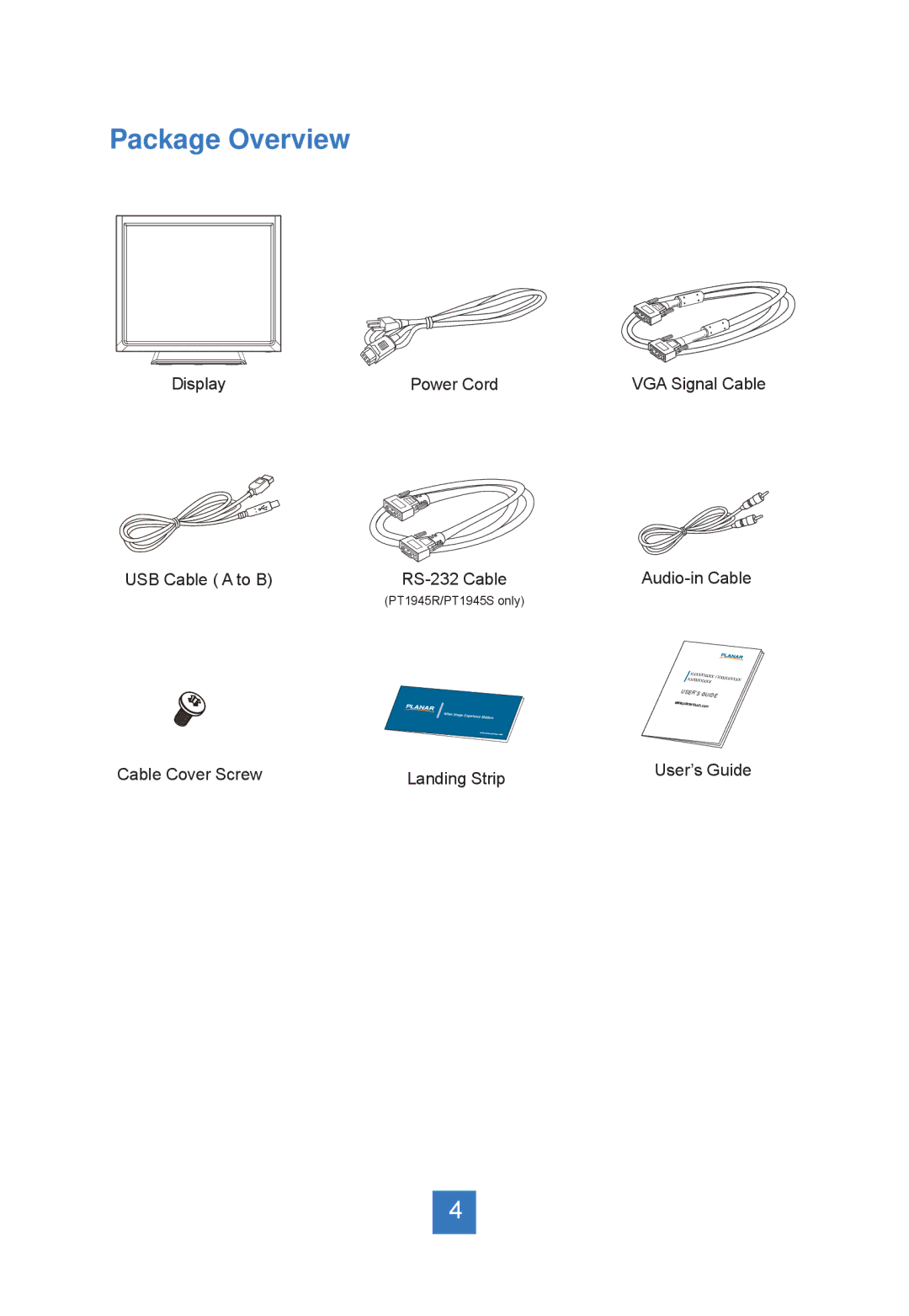 Planar PT1945R, PT1945S, PT1945P manual Package Overview, USB Cable a to B 