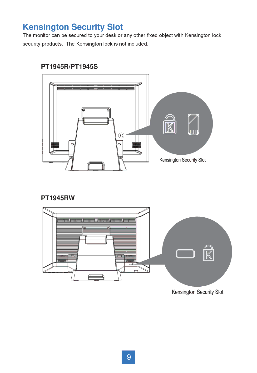 Planar PT1945S, PT1945RW manual Kensington Security Slot 