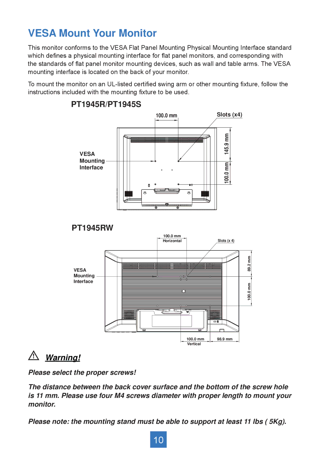 Planar PT1945S, PT1945RW manual Vesa Mount Your Monitor 