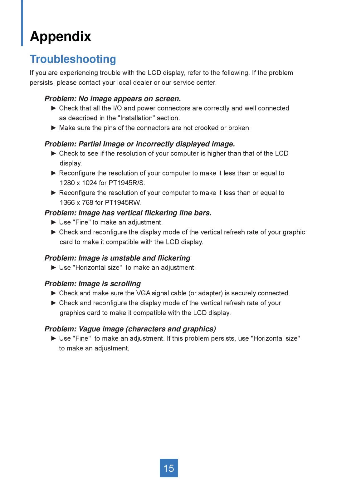 Planar PT1945S, PT1945RW manual Appendix, Troubleshooting 