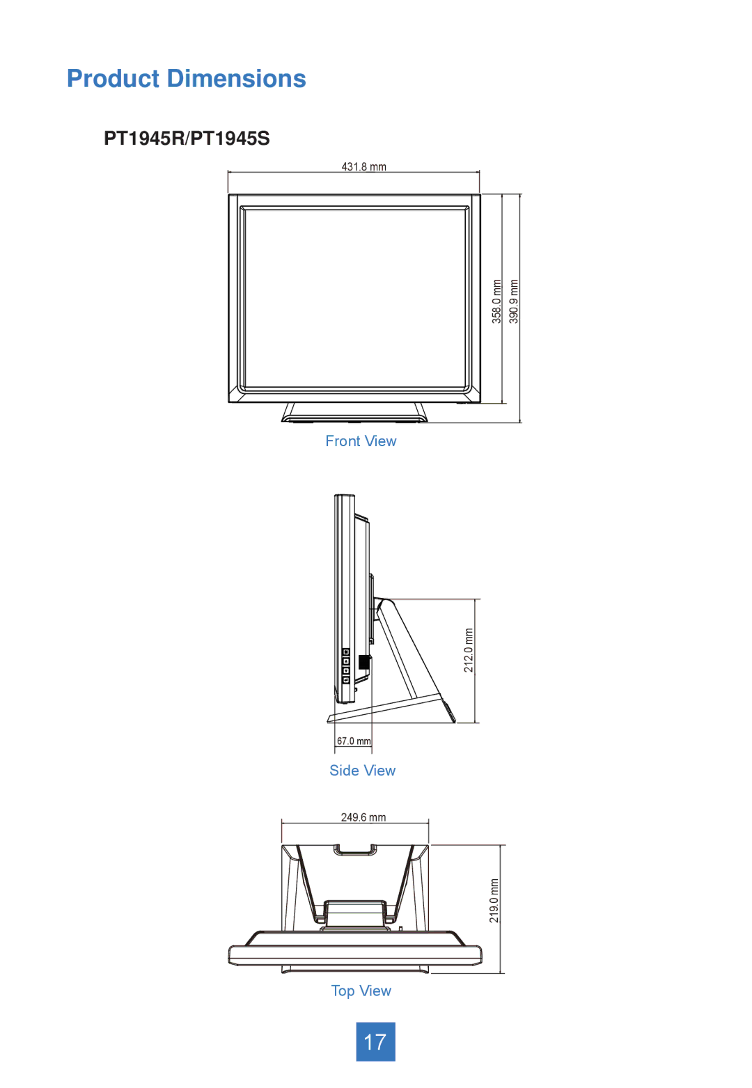 Planar PT1945RW, PT1945S manual Product Dimensions 