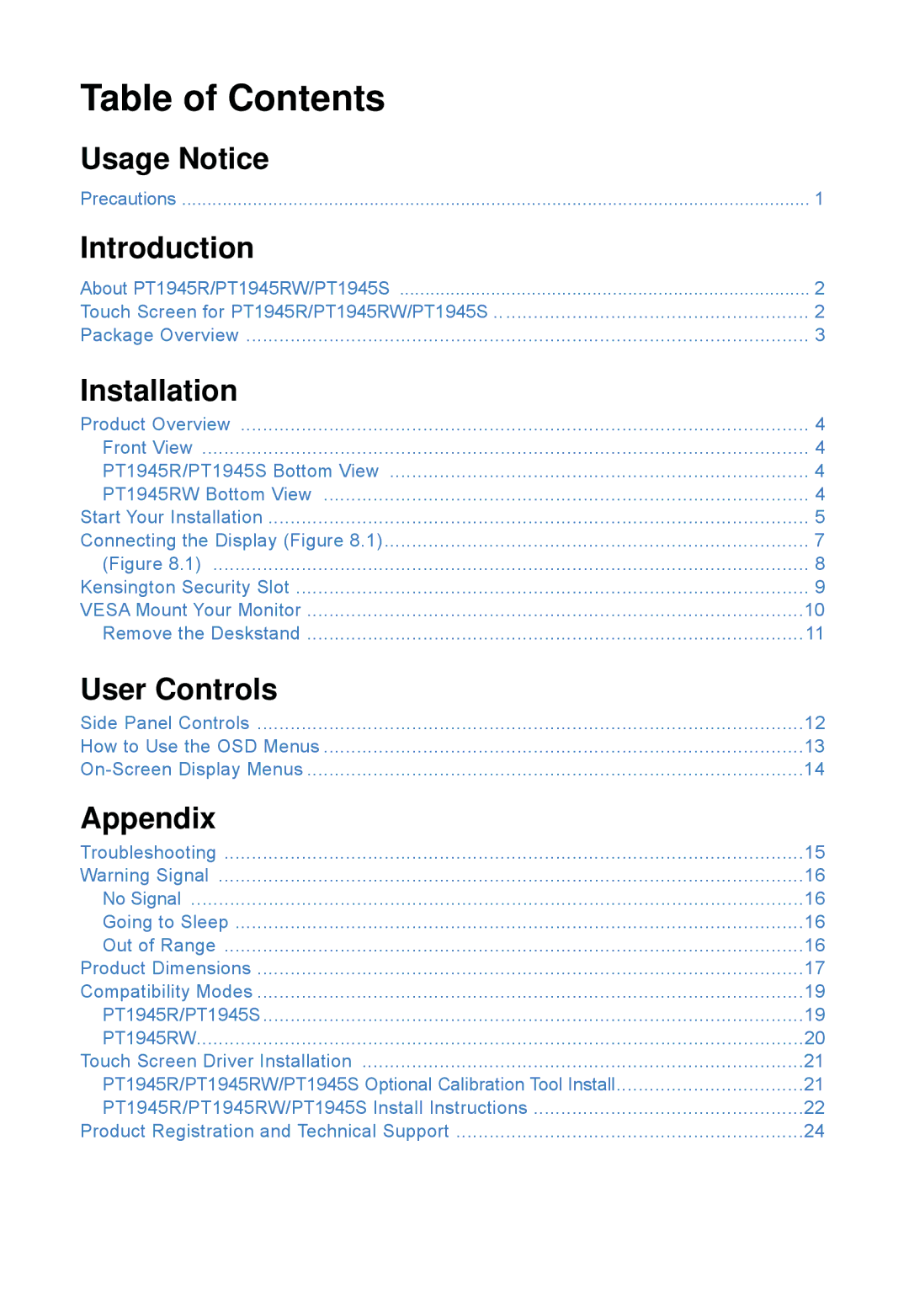 Planar PT1945S, PT1945RW manual Table of Contents 