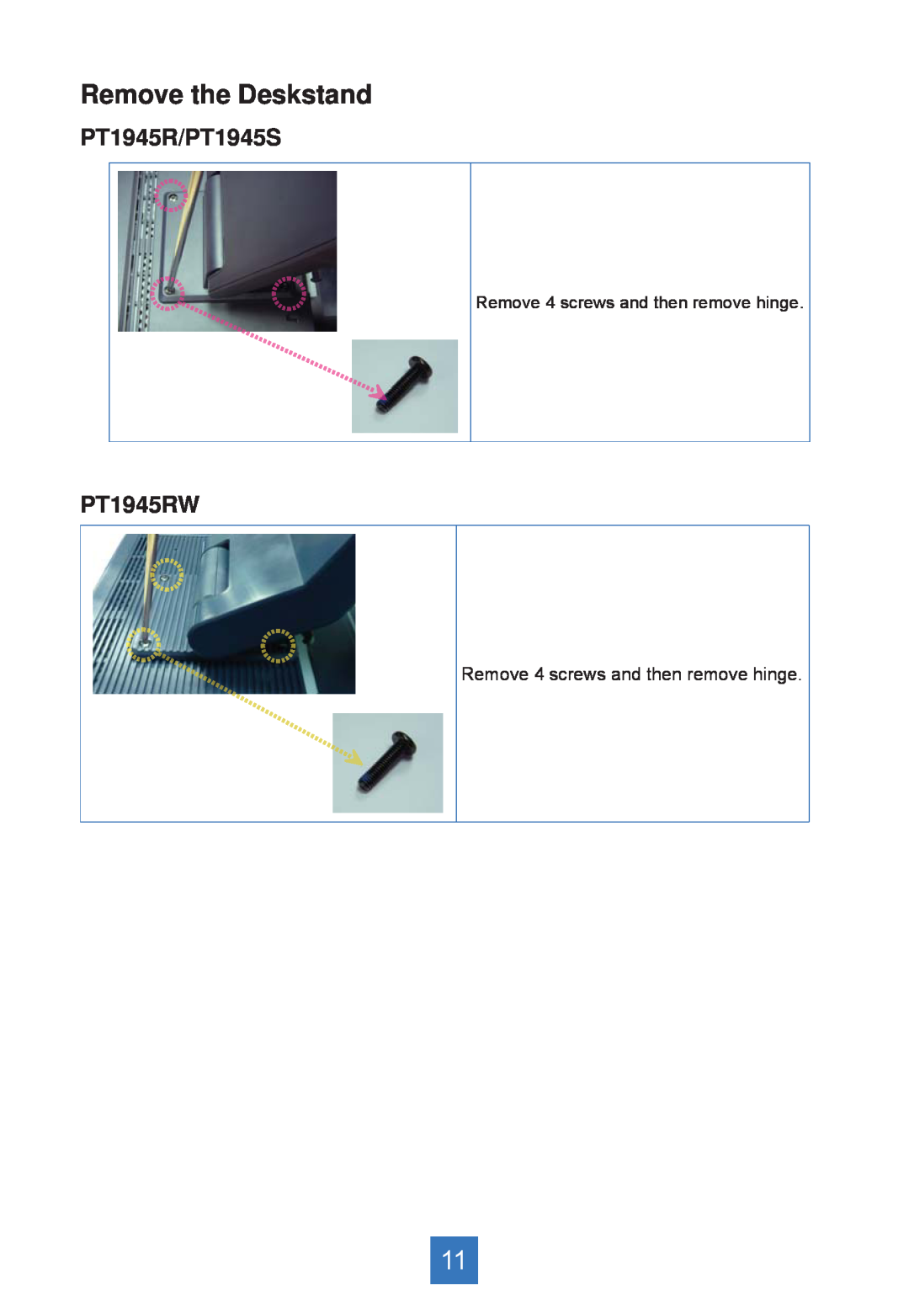 Planar PT1945RW manual Remove the Deskstand, PT1945R/PT1945S, Remove 4 screws and then remove hinge 