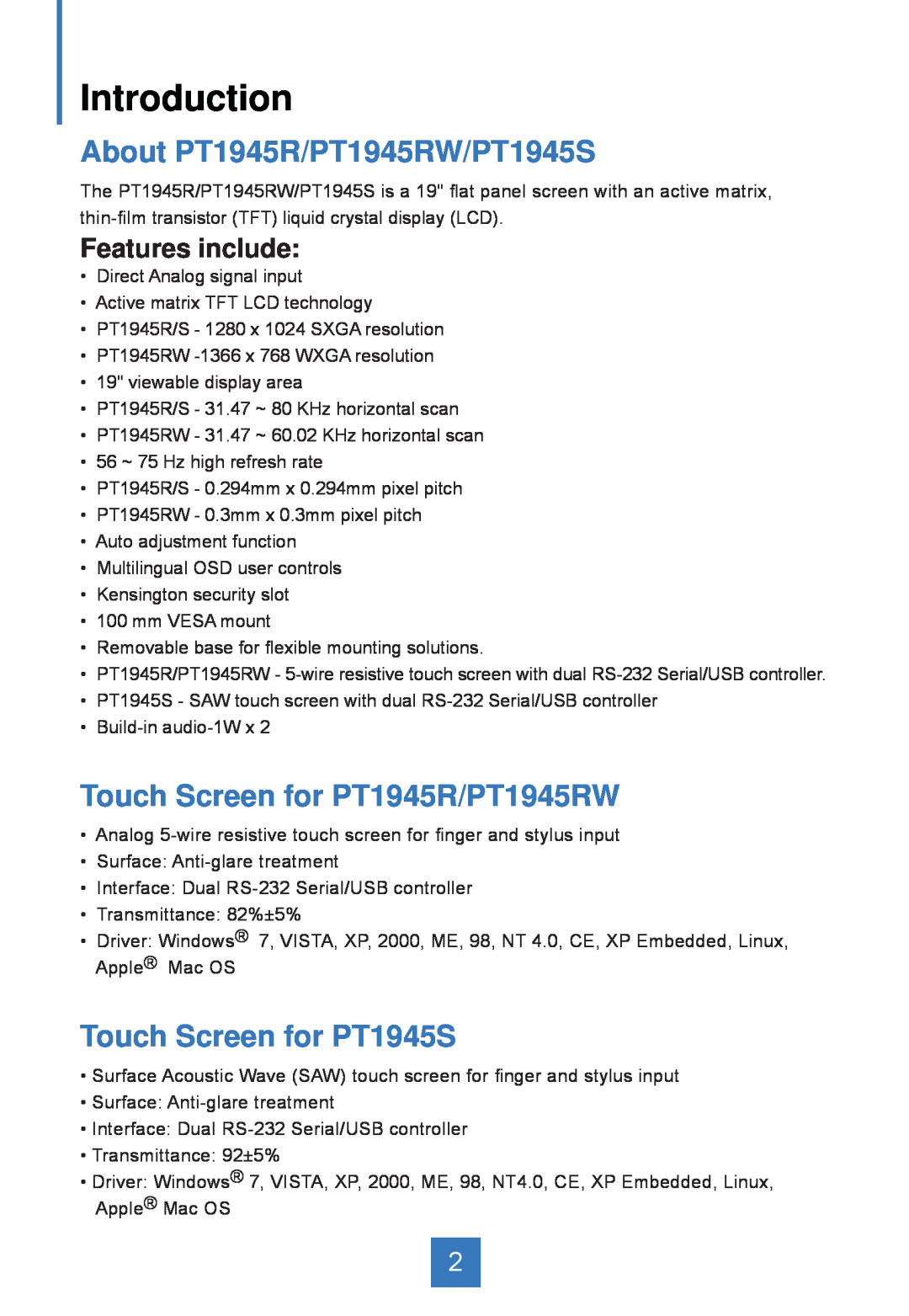 Planar manual Introduction, About PT1945R/PT1945RW/PT1945S, Touch Screen for PT1945R/PT1945RW, Touch Screen for PT1945S 