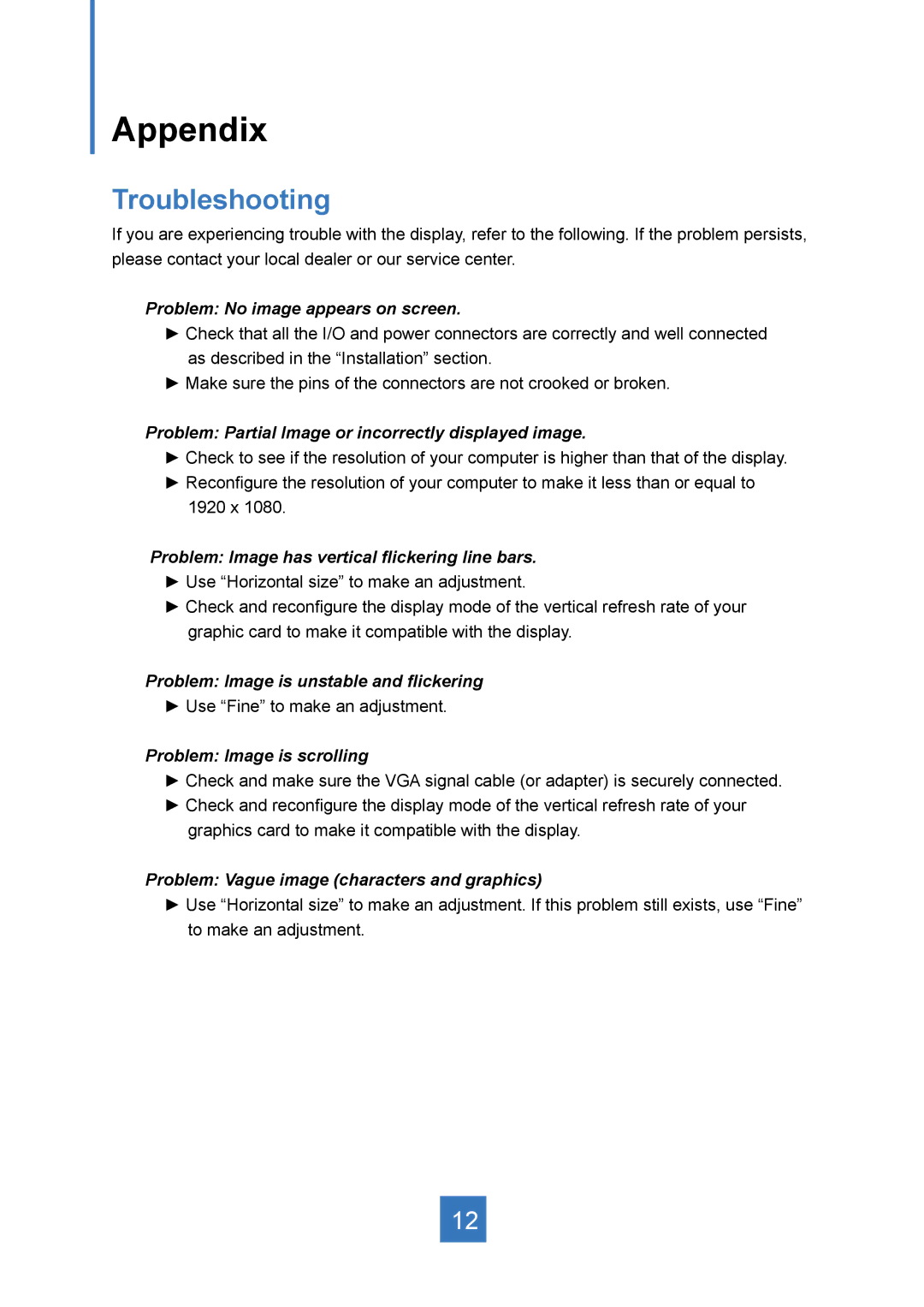 Planar PT2245PW manual Appendix, Troubleshooting 