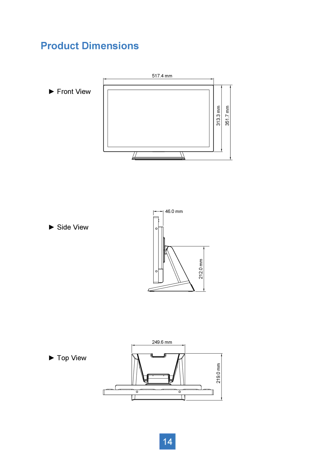 Planar PT2245PW manual Product Dimensions 